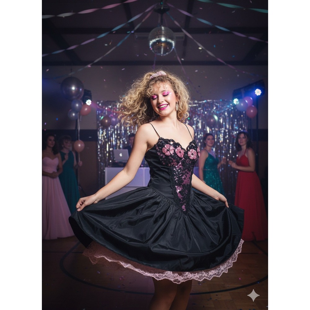 Loralie vintage retro 80 black satin Pink Floral Lace Prom  Dress Party Occasion
